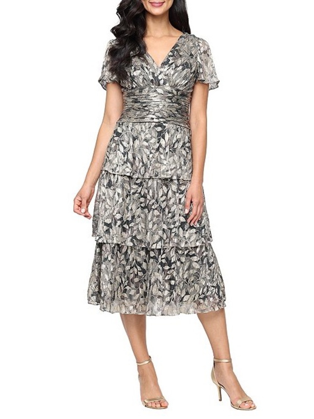 SLNY Bodre Flutter Sleeve Metallic Print Tiered Midi Dress